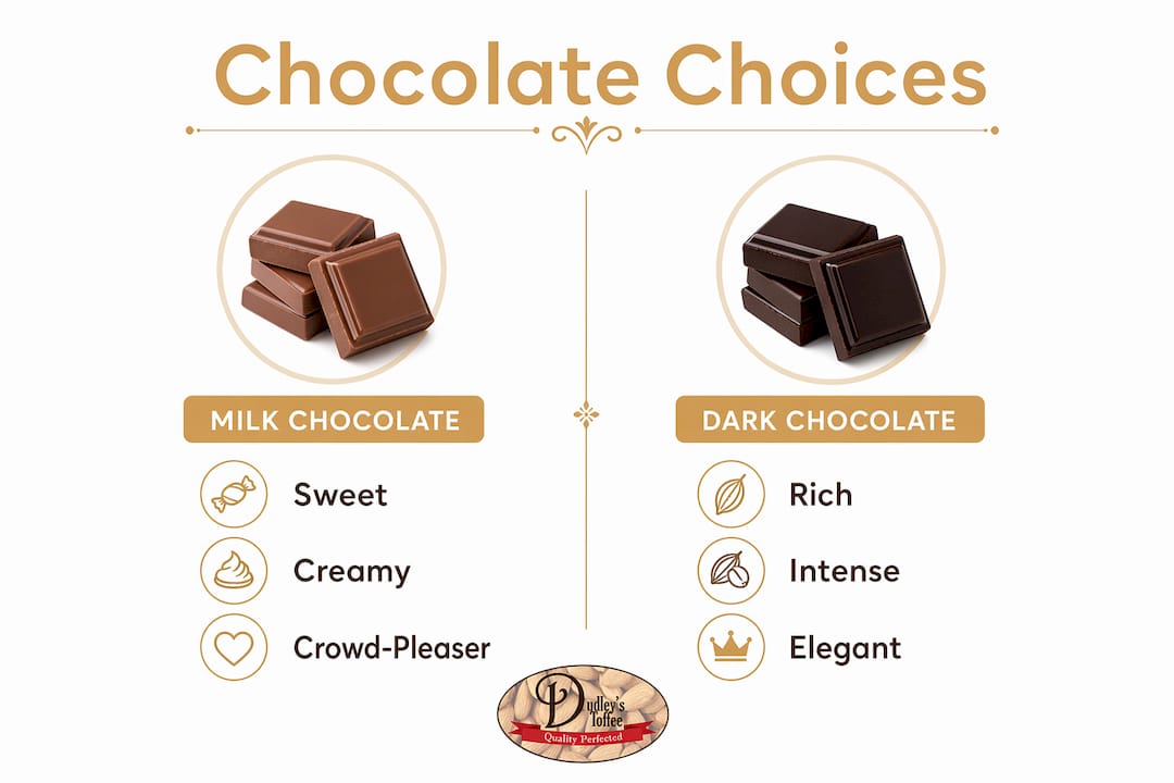 Infographic comparing milk and dark chocolate almond toffee flavors