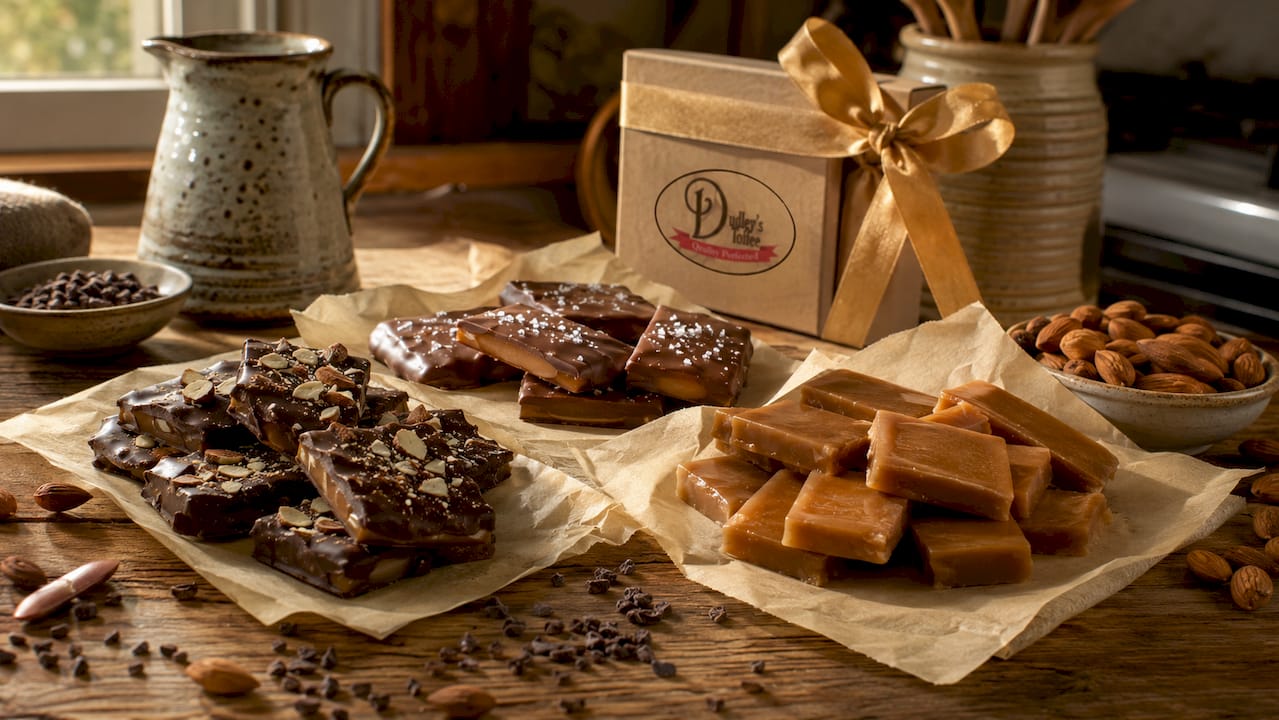 Assortment of soft toffee candy varieties on marble