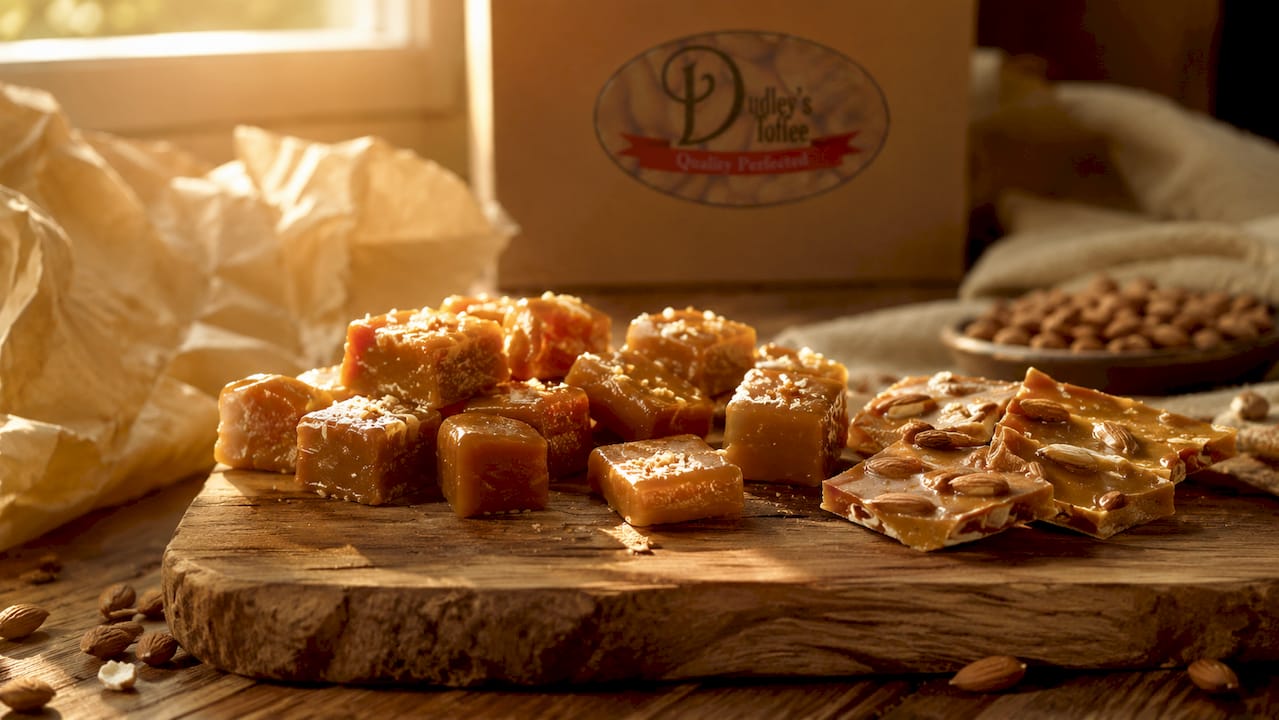 Close-up of soft chewy candy textures with toffee and almonds