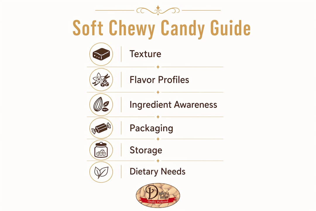 Infographic outlining key guide points for soft chewy candy