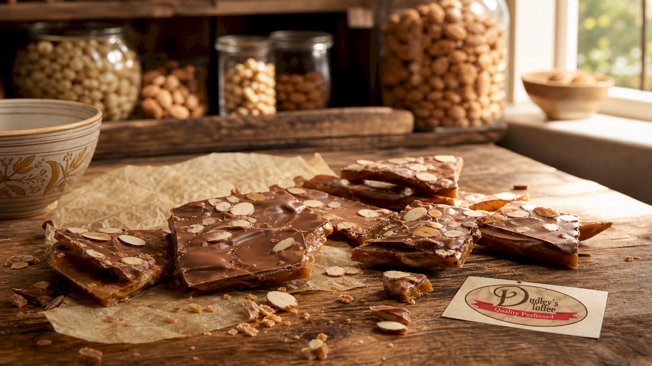 Handcrafted milk chocolate toffee on wooden board