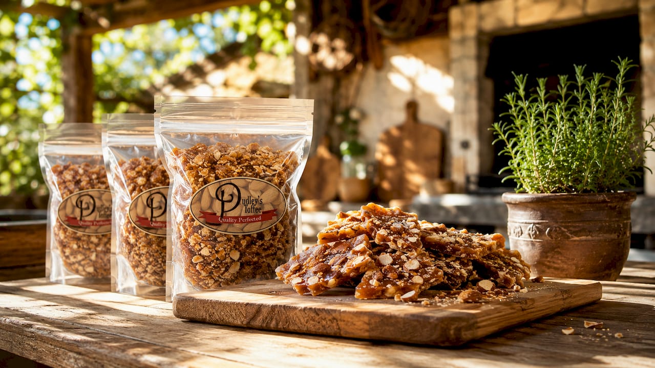 Commercial gluten free toffee bits and packaging on kitchen counter