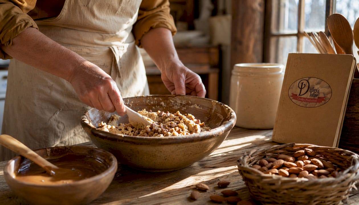 Hands folding toffee bits into cookie dough in home kitchen