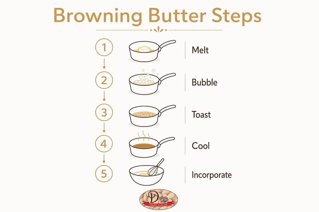 Infographic illustrating brown butter toffee cookie browning steps