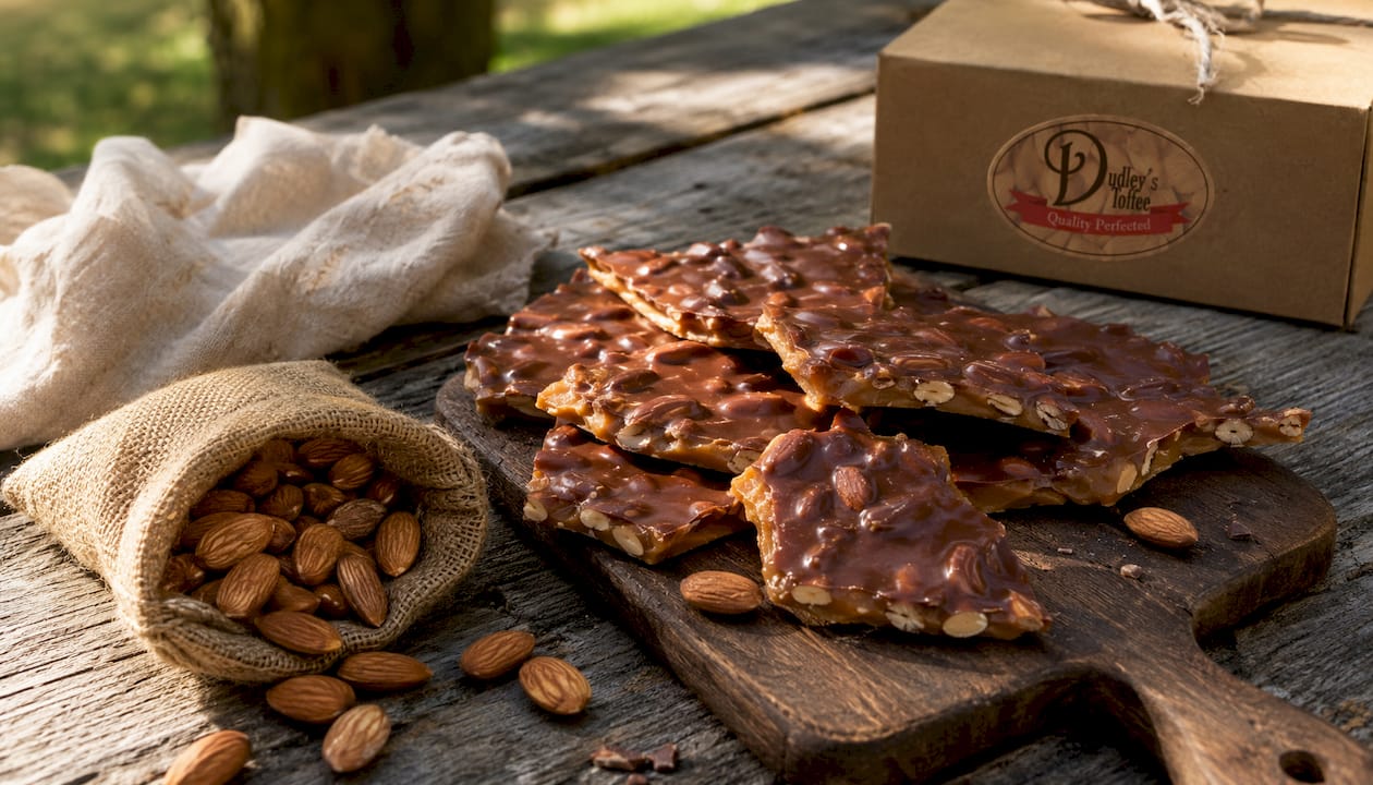 Close-up of handcrafted English almond toffee on marble