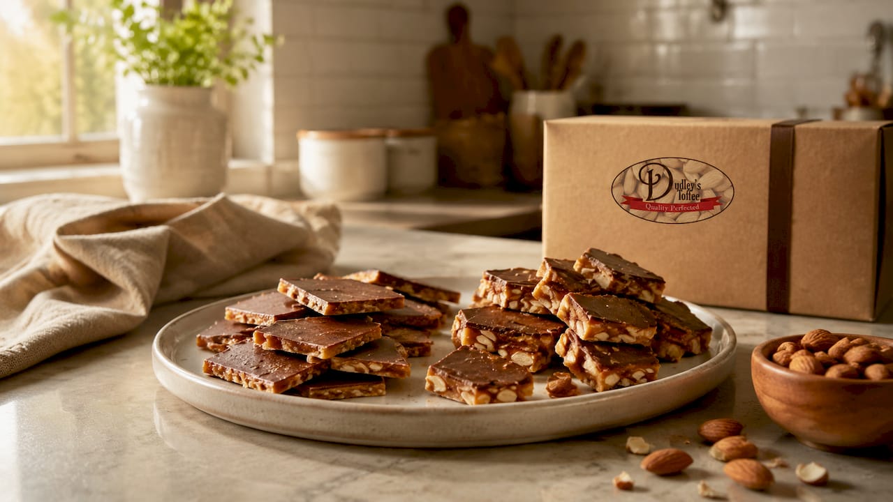 Skor brittle shards and Heath nutty toffee chunks on wooden plate
