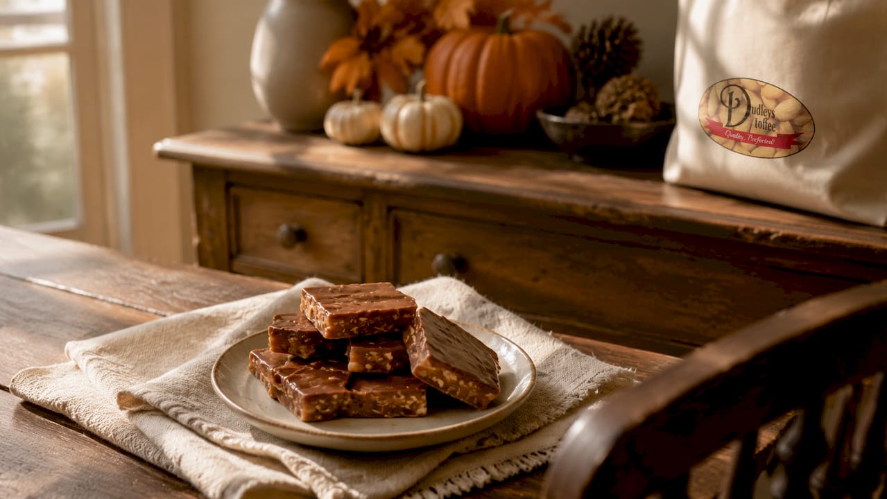 Soft English toffee pieces on wooden board with almonds