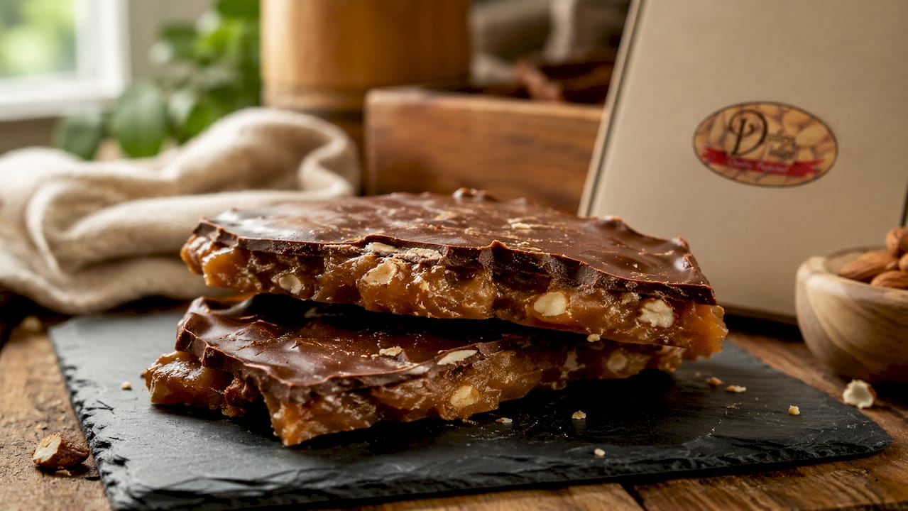 Close-up of classic hard English toffee candy bar