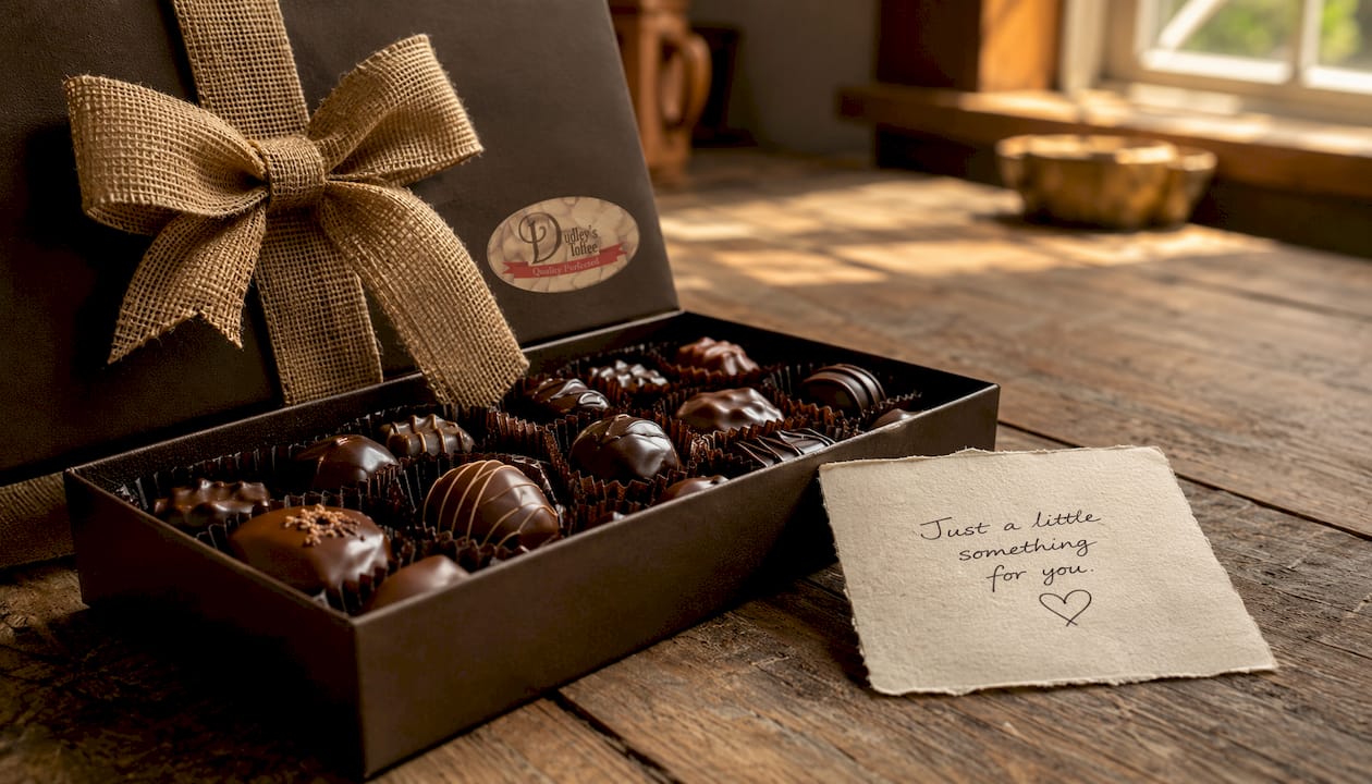 Open gift box of assorted chocolates with note card