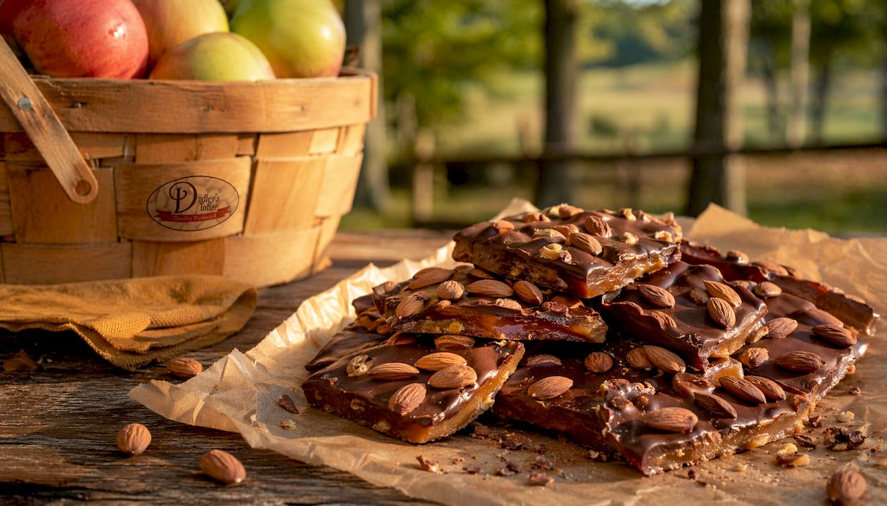 Handcrafted English toffee on wooden board with almonds