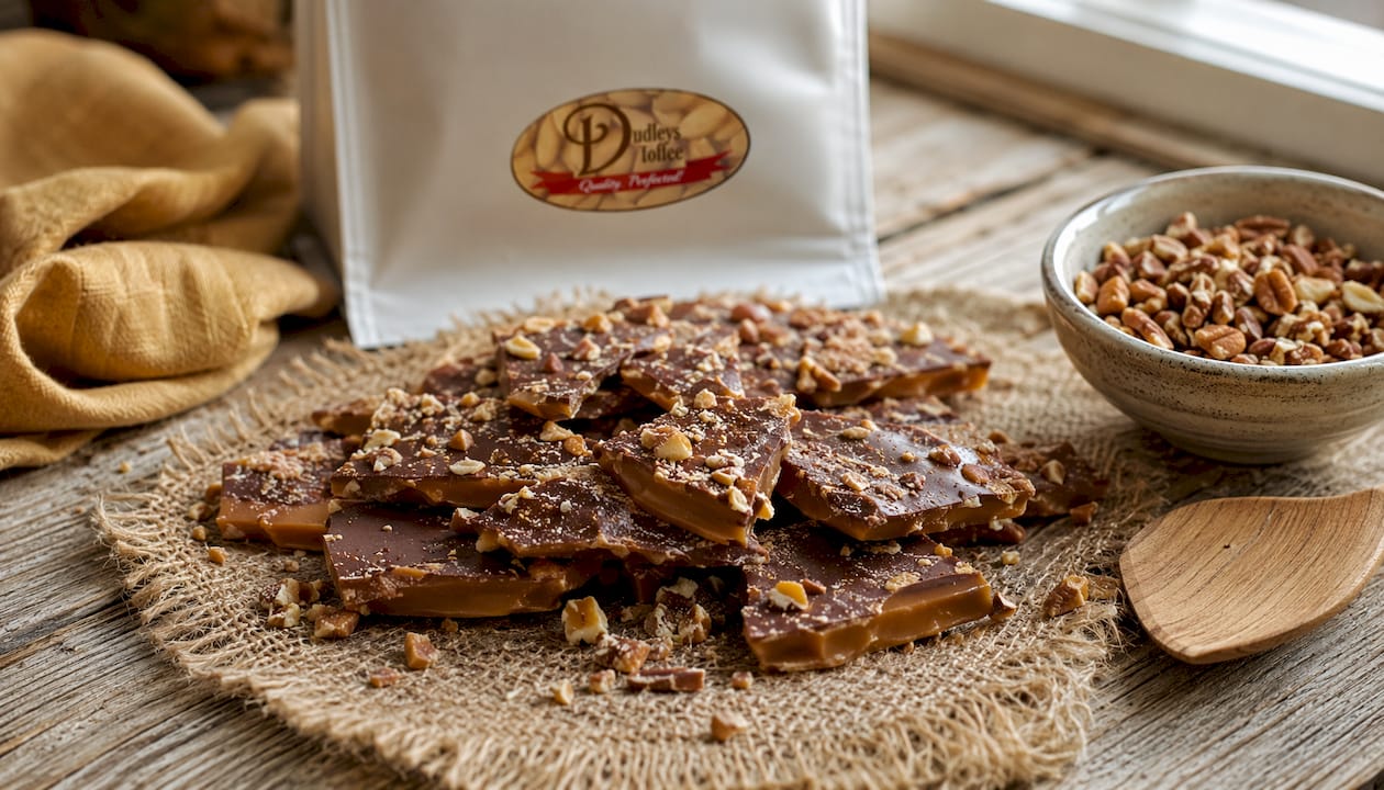 Chunks of butter crunch toffee on marble countertop