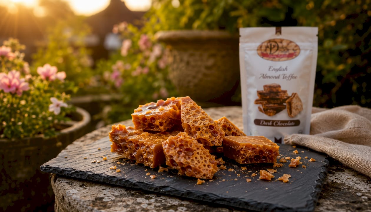 Golden honeycomb toffee pieces on wooden board