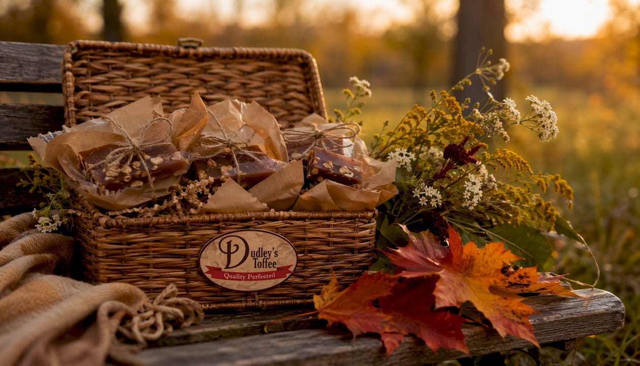 Handcrafted allergy friendly toffee gift box with seasonal decor