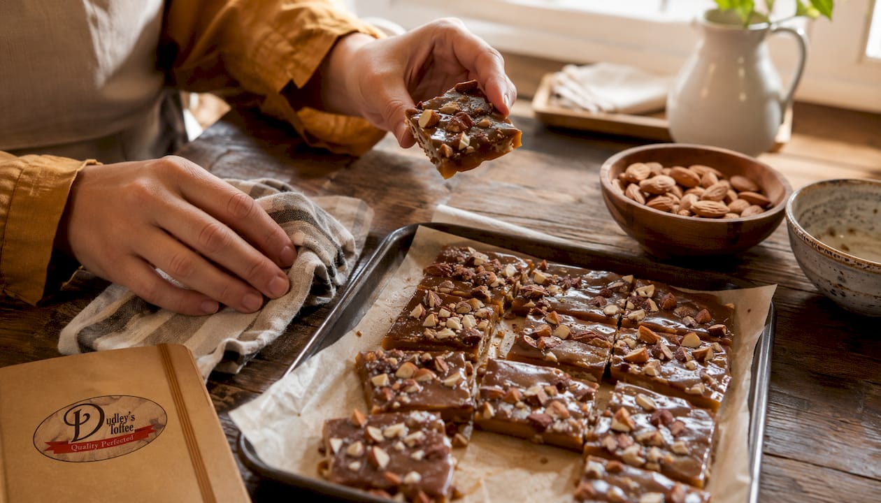 Close-up of hands inspecting handcrafted allergy friendly toffee