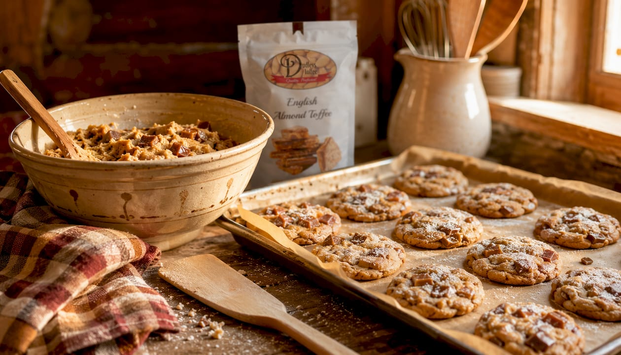Cookie dough and baked cookies with toffee bits on marble
