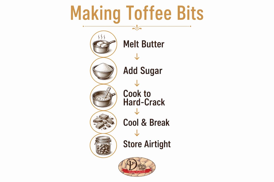 Infographic illustrating homemade toffee bit making steps