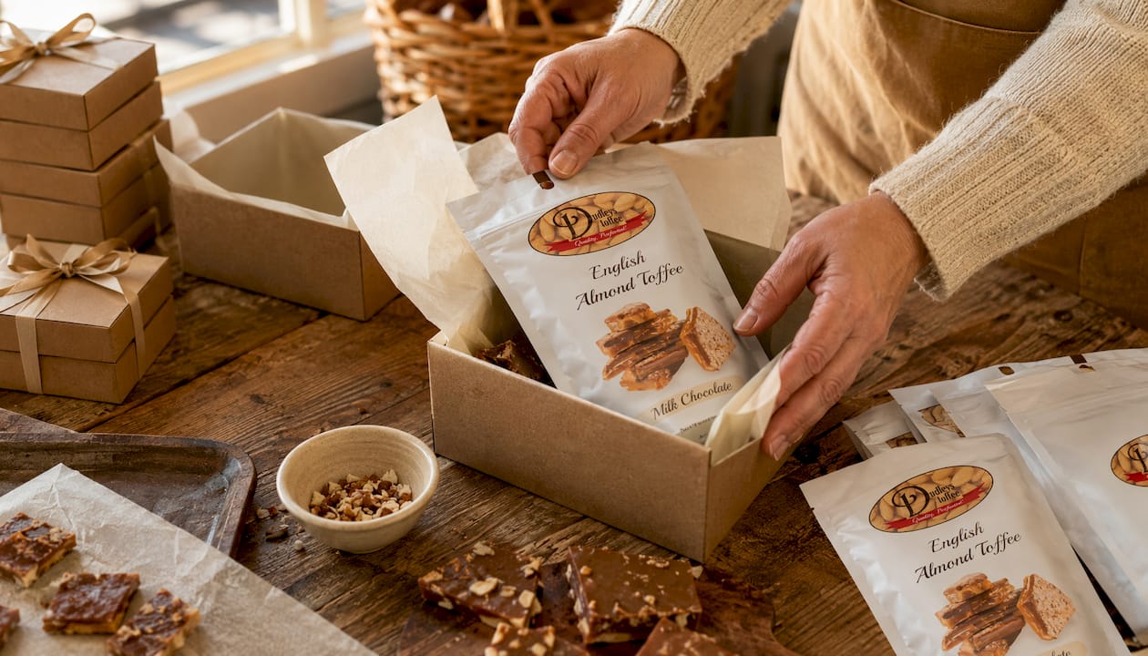 Hands packing toffee in gift bags on marble counter
