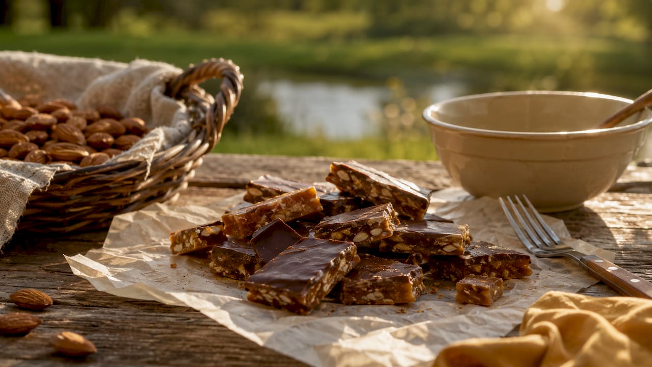 Fresh handmade English almond toffee on marble counter