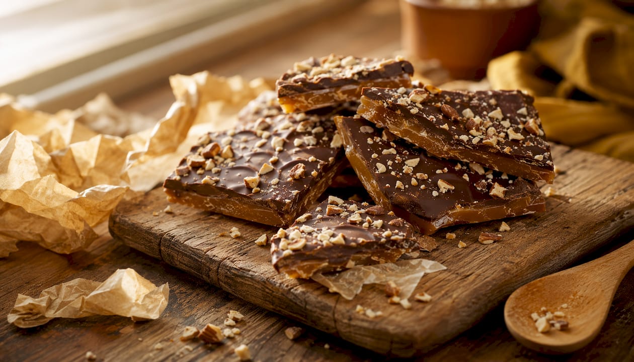 Plate of chocolate almond English toffee on marble