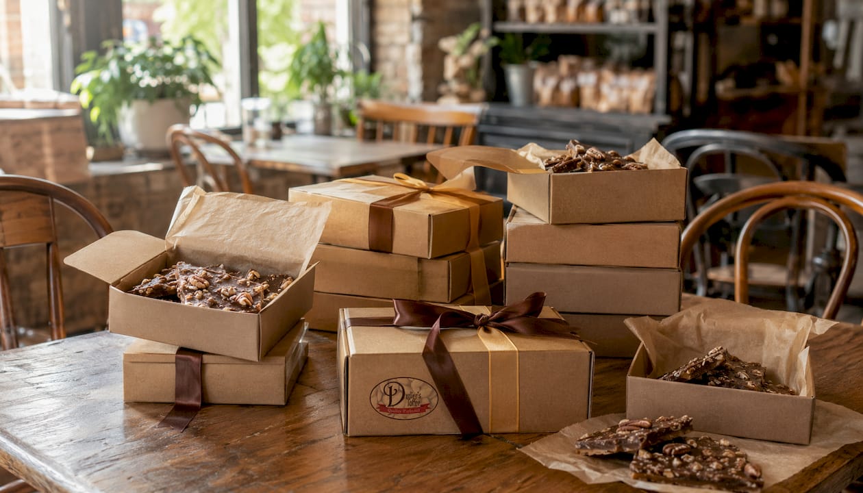 Corporate bulk toffee gift boxes on conference table