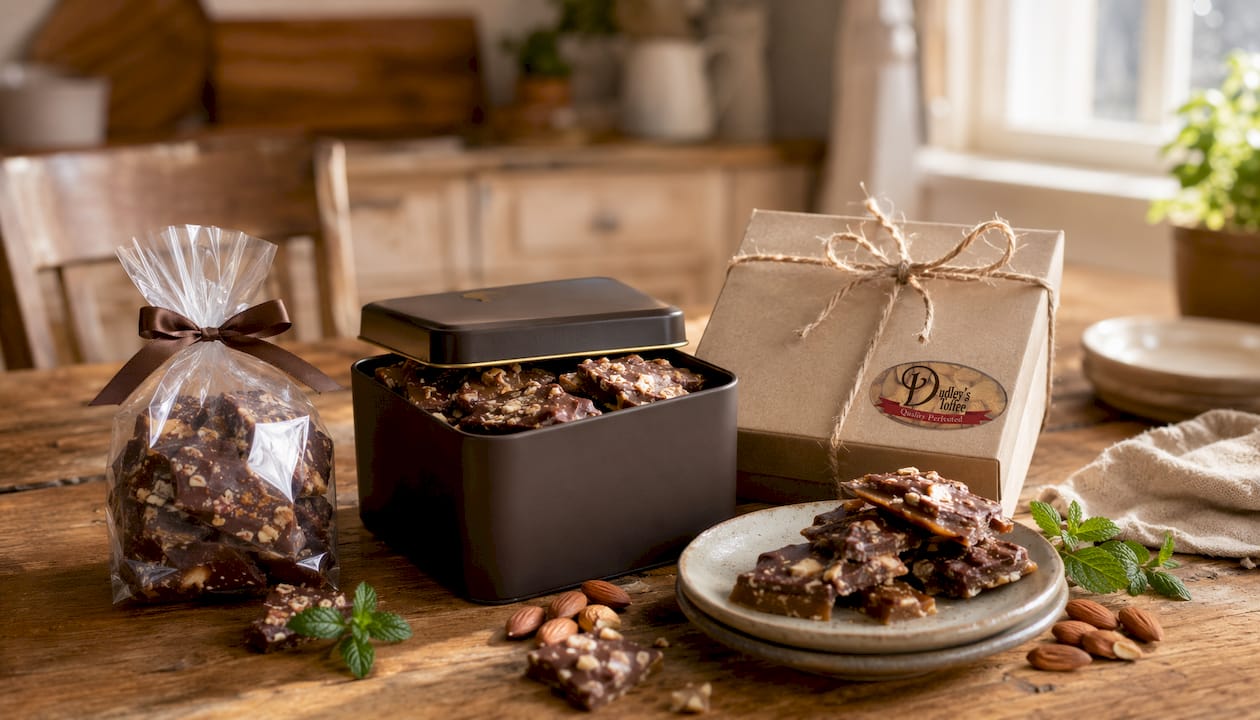 Overhead view of assorted Dudley's Toffee gift packages