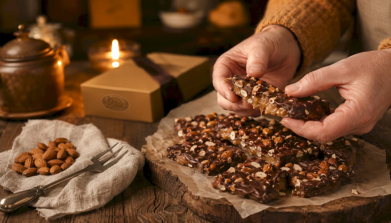 Hand breaking soft English toffee with almonds