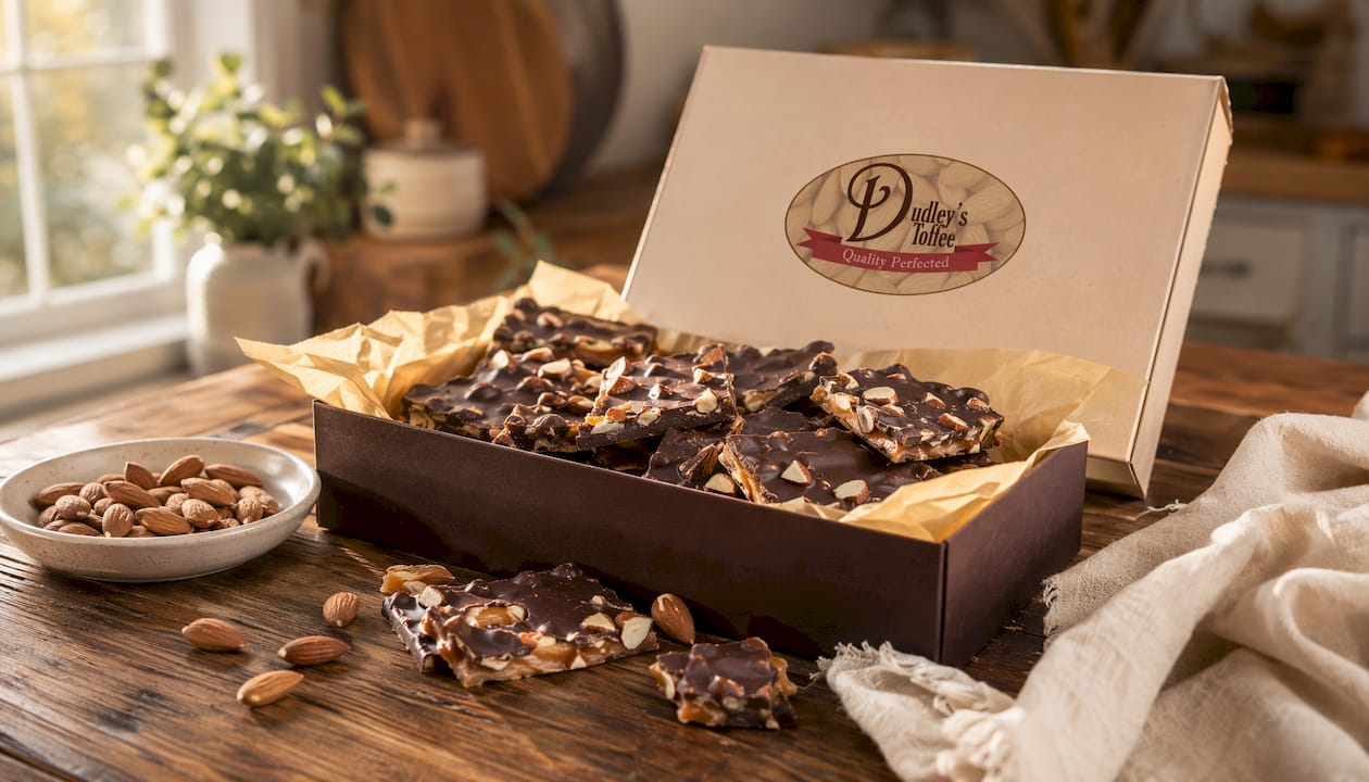 Compartés gourmet English toffee gift box on marble