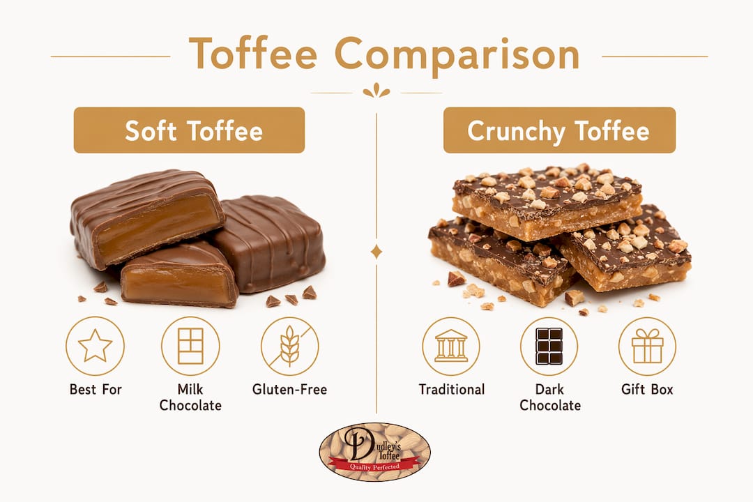 Infographic comparing soft vs crunchy English almond toffee options