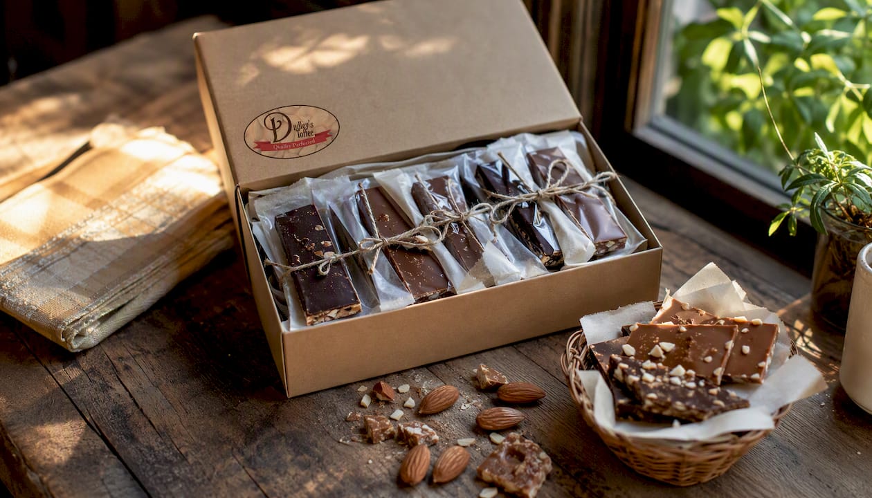 Open artisan toffee gift box on marble countertop
