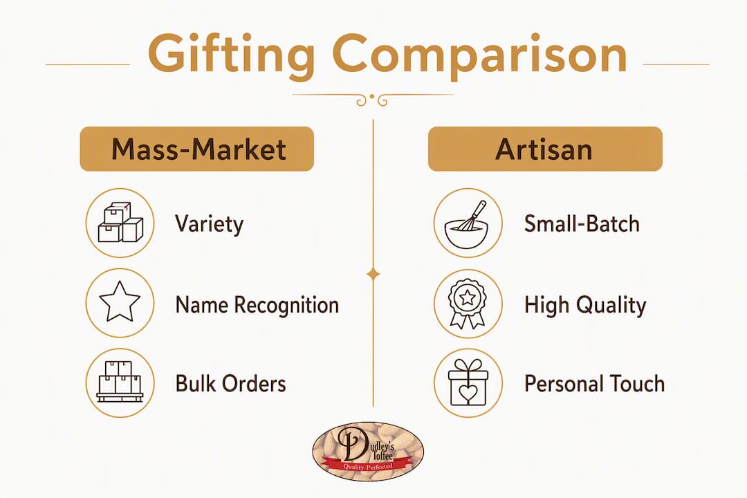 Infographic comparing mass-market and artisan toffee gifts