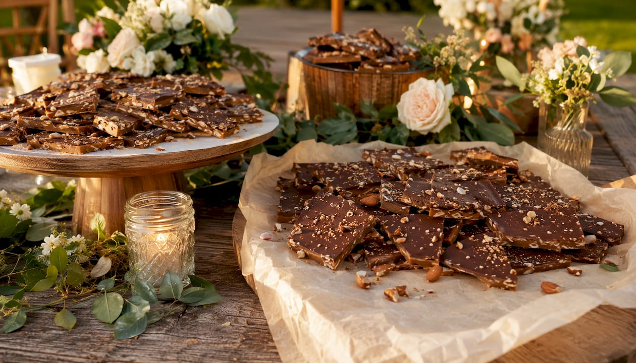 Close-up of handcrafted toffee on elegant dessert table