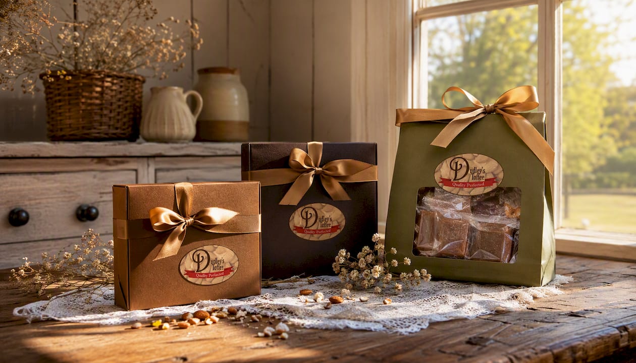 Assorted handcrafted toffee gift bags on marble countertop