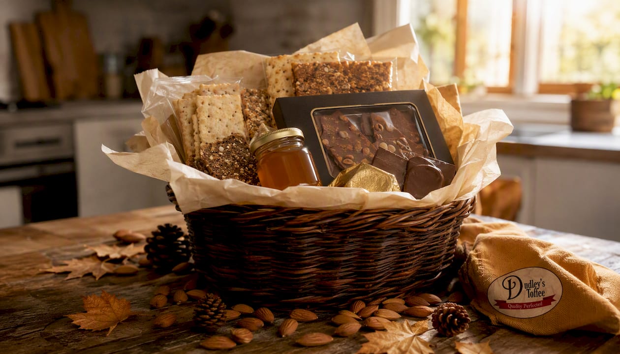 Sympathy food gift basket with crackers and toffee