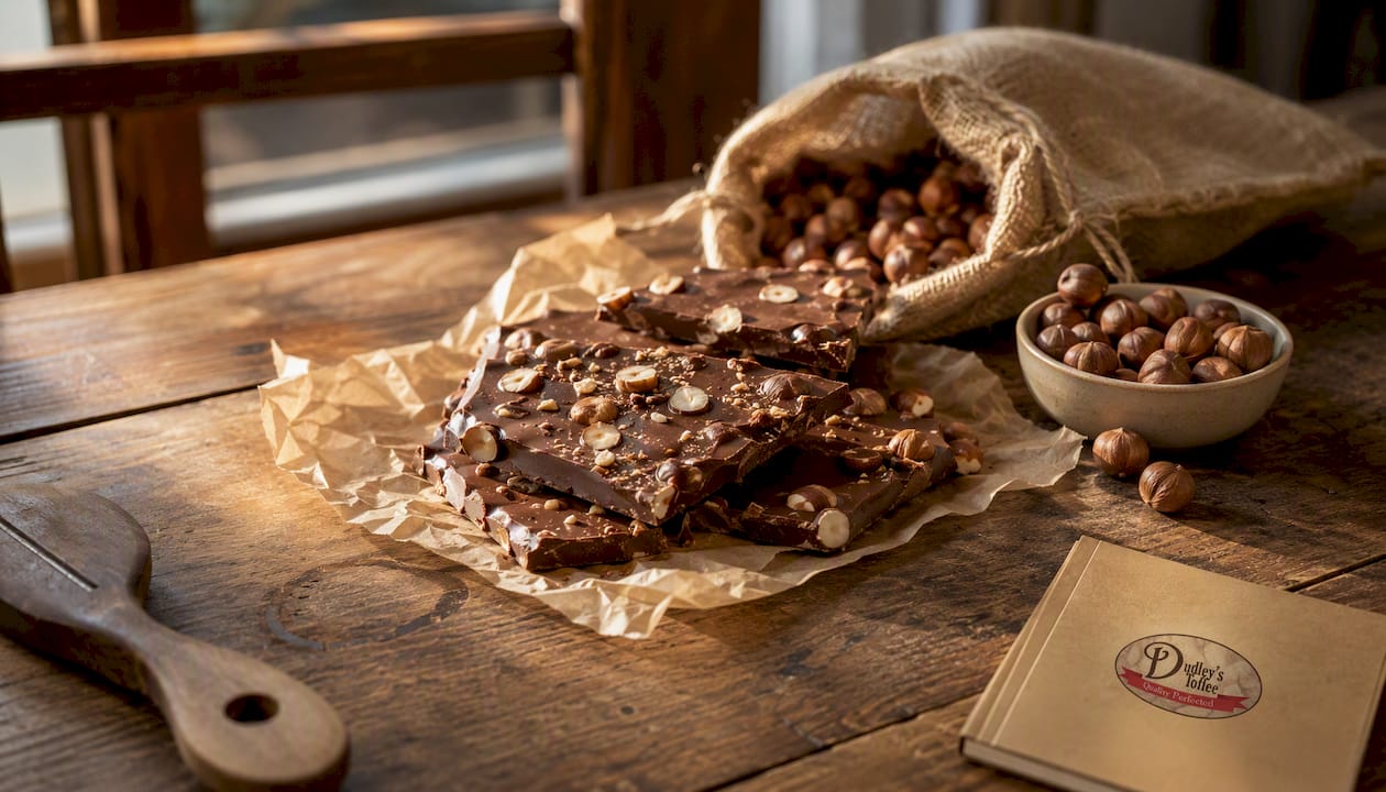 Artisan chocolate bars with almonds on marble