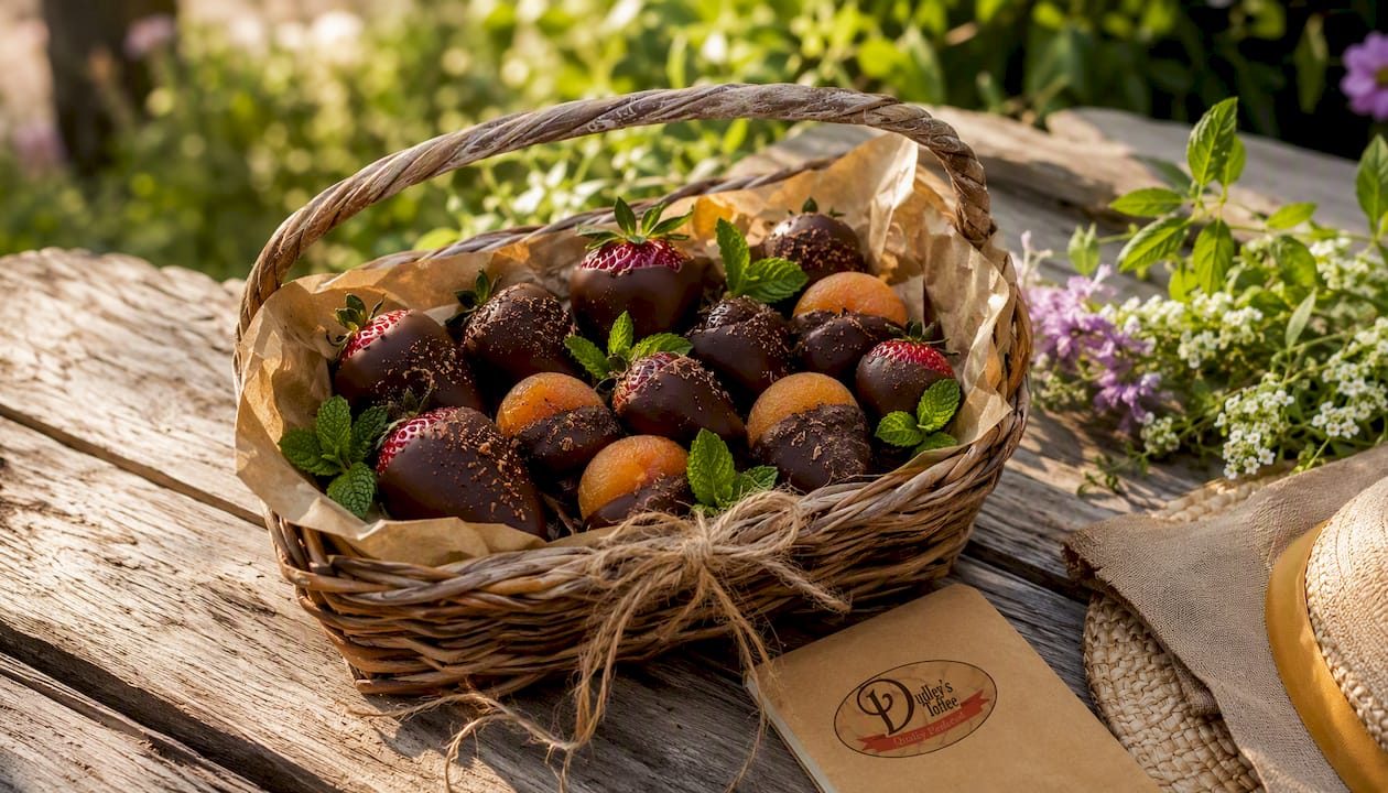 Chocolate-covered fruit in a rustic gift basket