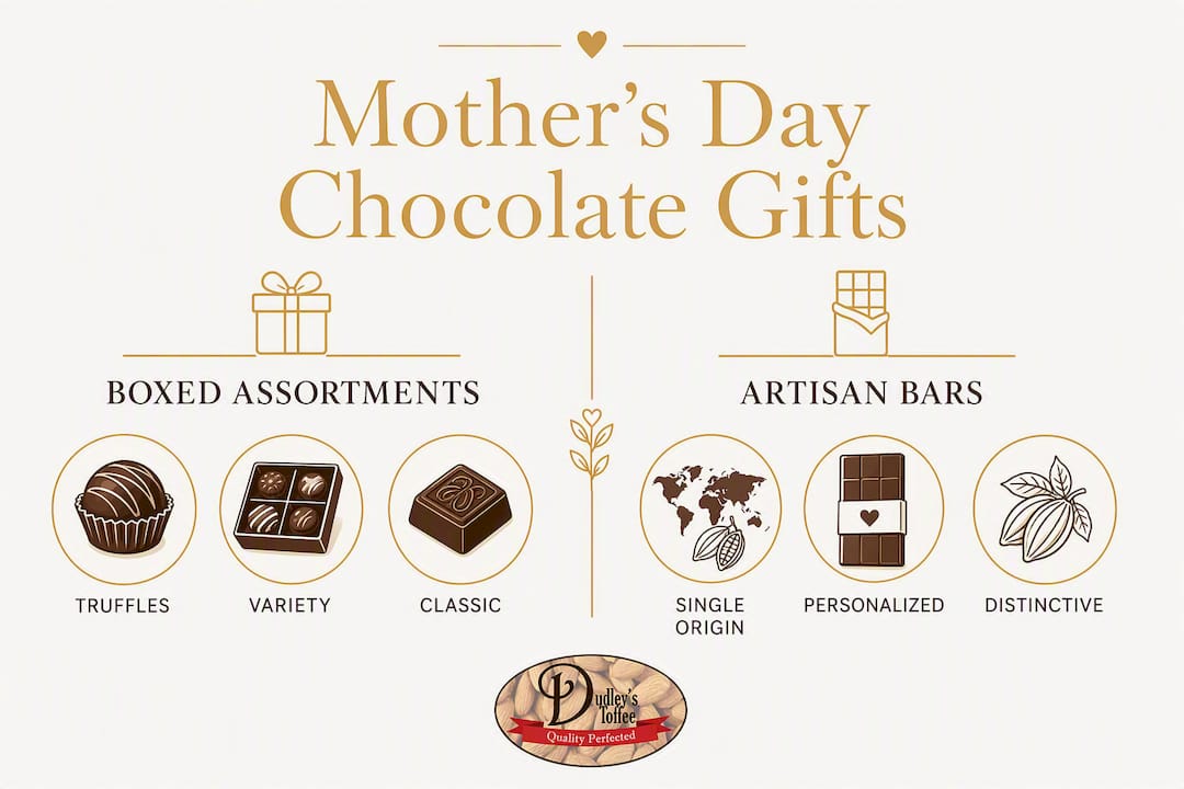 Infographic comparing boxed assortments vs artisan bars for Mother's Day chocolate gifts