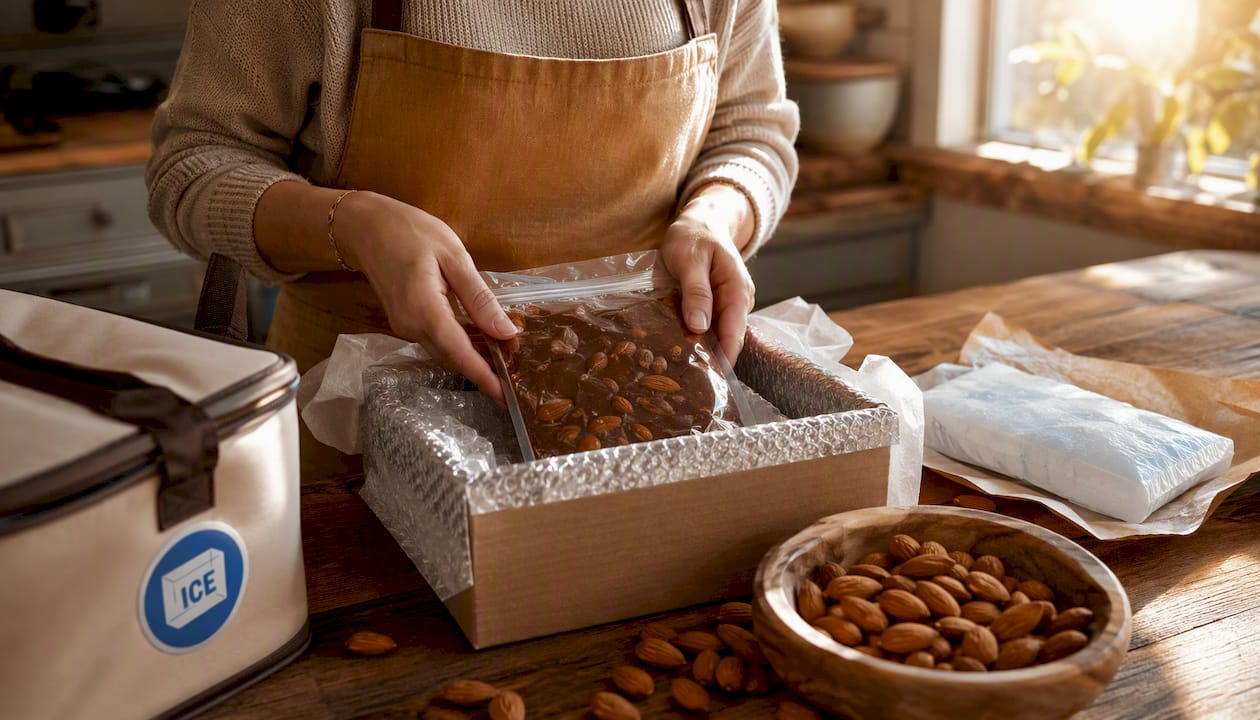 Hands packing chocolate into insulated liner