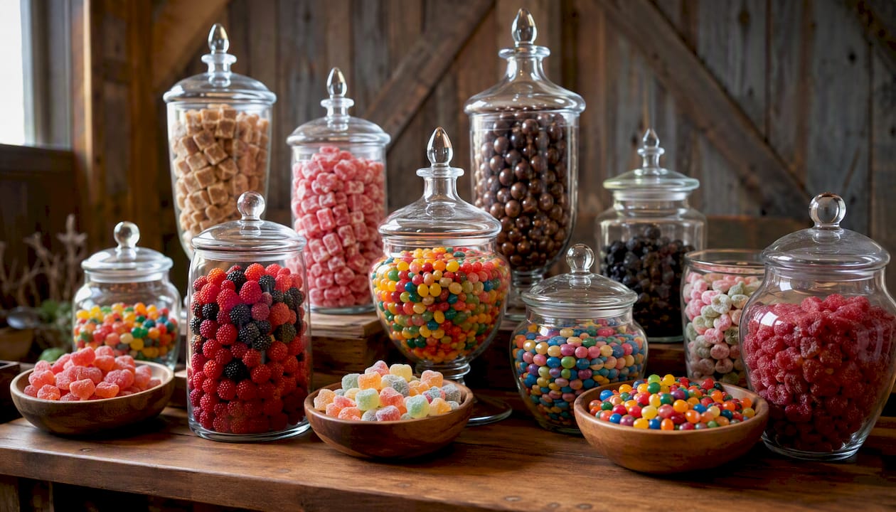Candy buffet with apothecary jars at wedding
