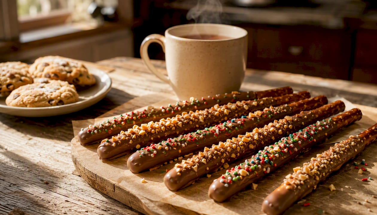 Chocolate-dipped pretzel rods on wooden board