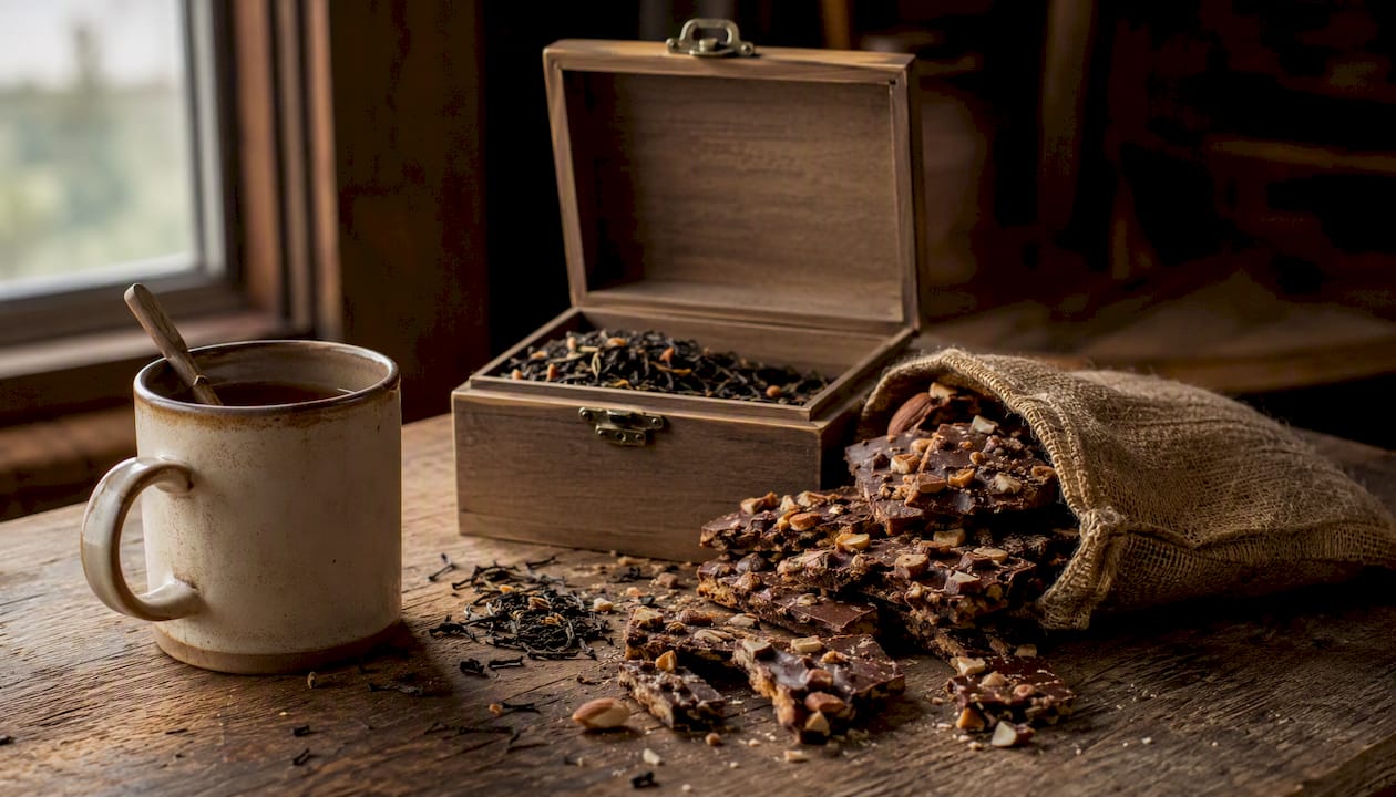 Toffee pieces paired with loose-leaf tea on rustic table