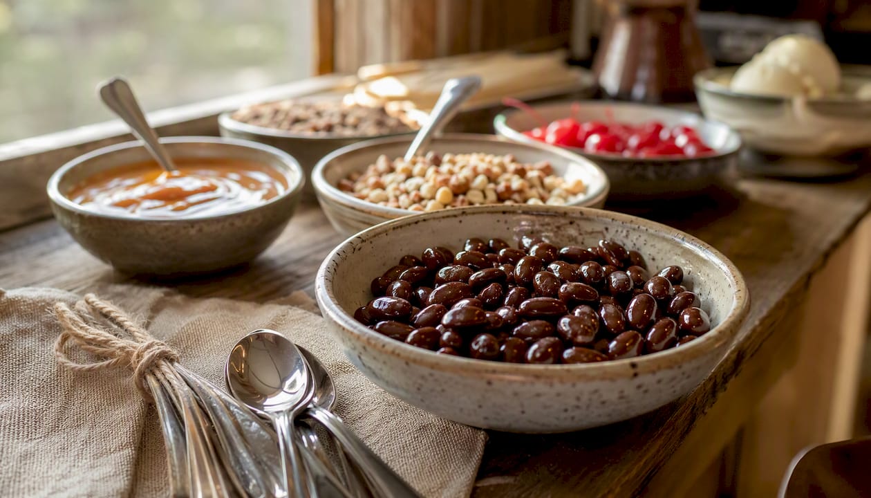 Sundae bar toppings and chocolate-dipped almonds