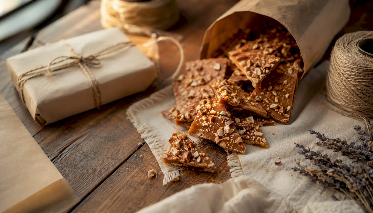 Toffee gift packaging materials on rustic wood
