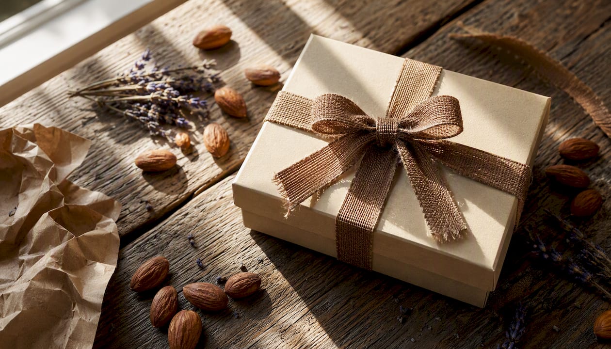 Partially wrapped toffee gift box with ribbon and almonds
