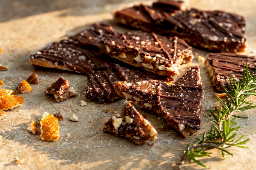 Close-up of handcrafted English almond toffee pieces