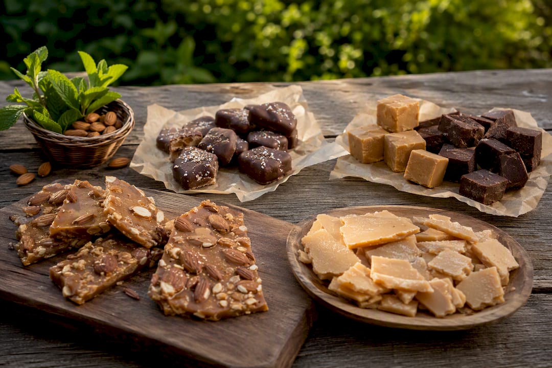 Variety of toffee and fudge pieces on wood