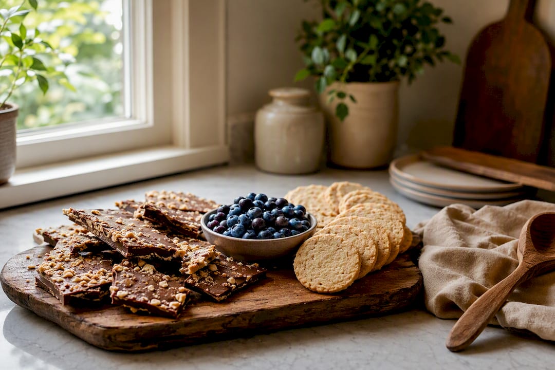 Separated fresh fruit and cookies on dessert board to preserve crispness