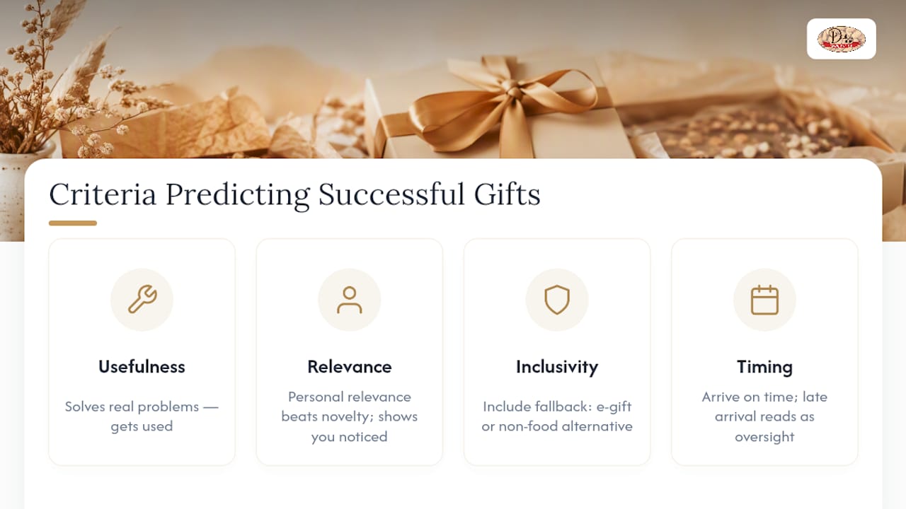 Diagram of four criteria for effective corporate gifts