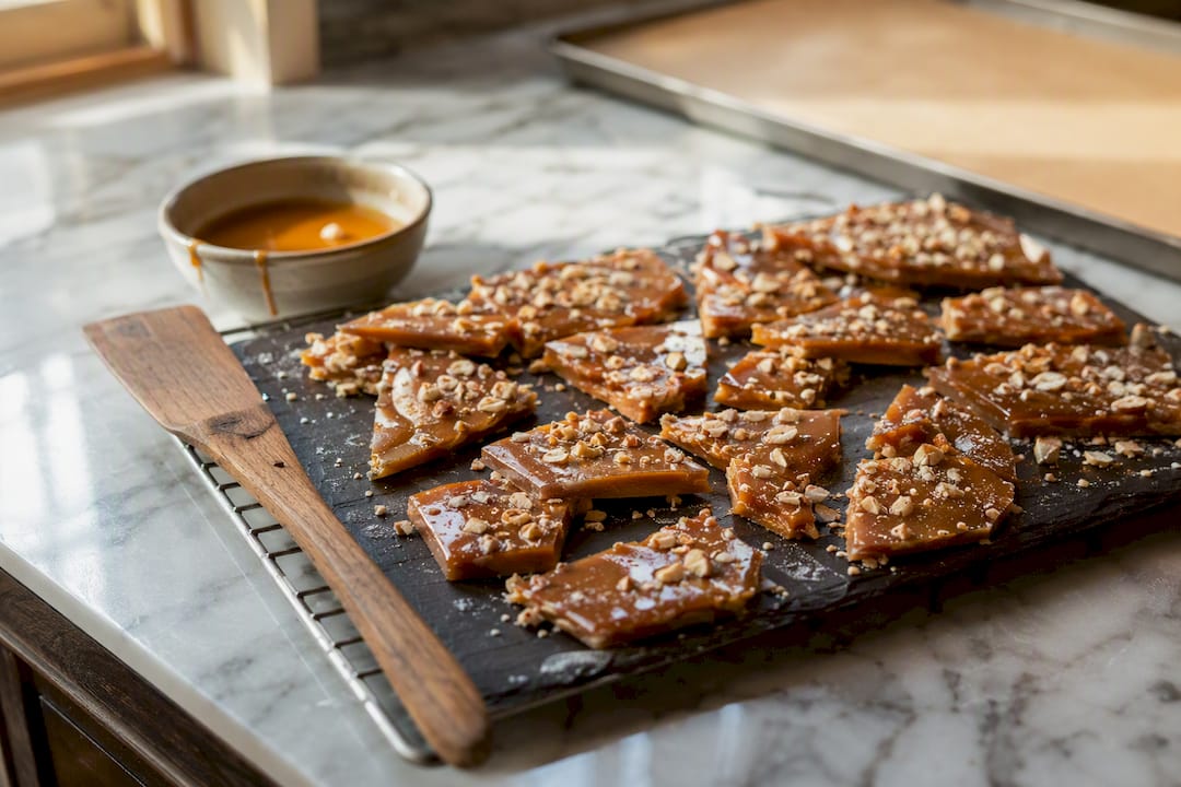 Vegan toffee pieces cooling on marble countertop