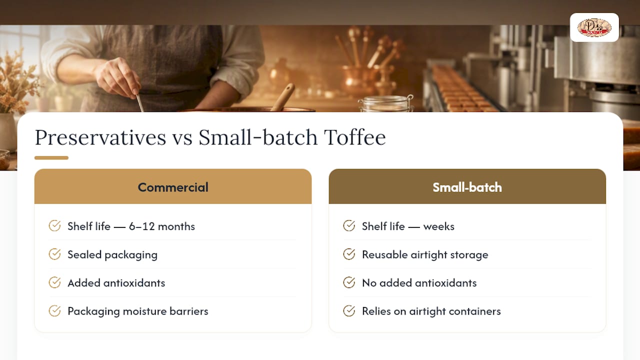 Comparison of preservatives and packaging in commercial vs small batch toffee