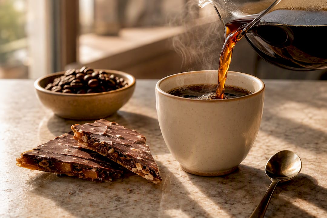 Coffee poured beside dark chocolate toffee